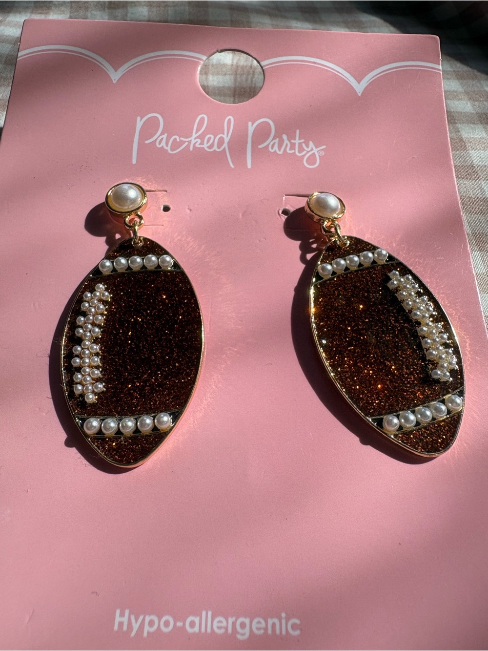 Packed Party Gold-Tone Brown Glitter Drop Earrings with Pearl Accents